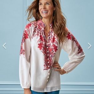 SOFT SURROUNDINGS Woman’s Boho Amalia Blouse Size S White Red Paisley Peasant